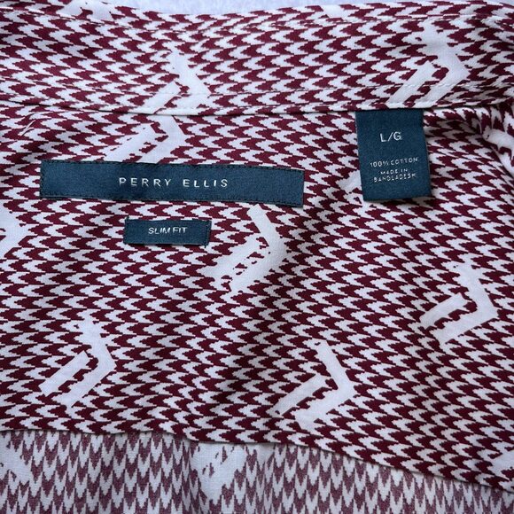 Perry Ellis SLIM FIT short sleeve button down shirt cotton maroon white mens L - Picture 4 of 12